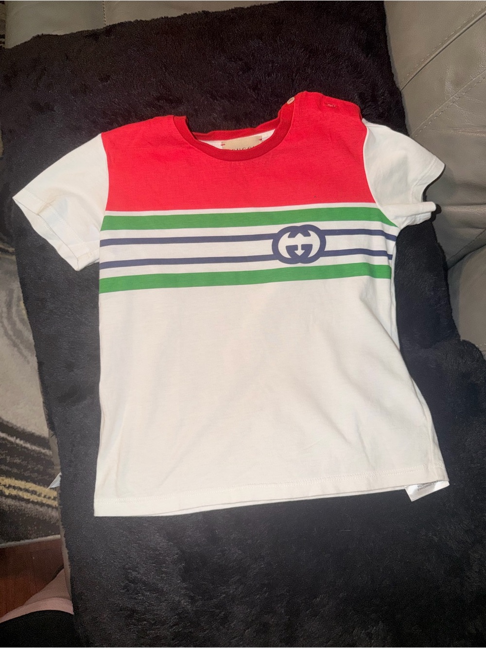 Gucci White, Red, Green & Navy Striped Kids Logo Tee